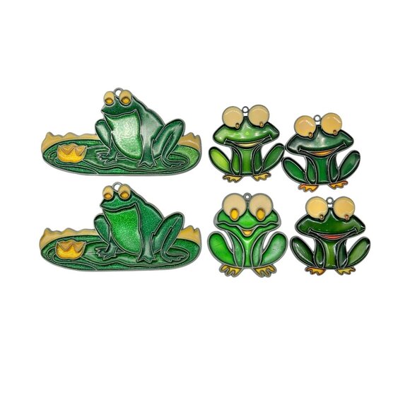 Set Of 6 Green Frog Suncatcher Metal and Enamel Ornaments With Glitter Finish - Picture 1 of 9